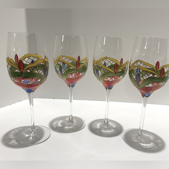 Orleans Romanian Crystal Wine Glasses Colorful Vibrant Hand-Painted Set of 4 - Picture 3 of 13